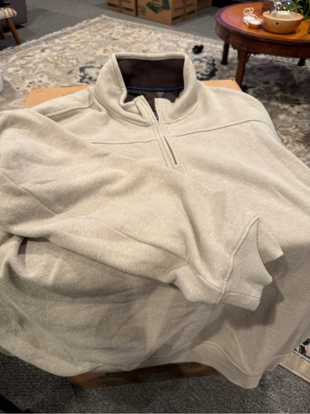Arrow Men's Half-Zip Pullover Sweater in Light Tan with Brown Trim